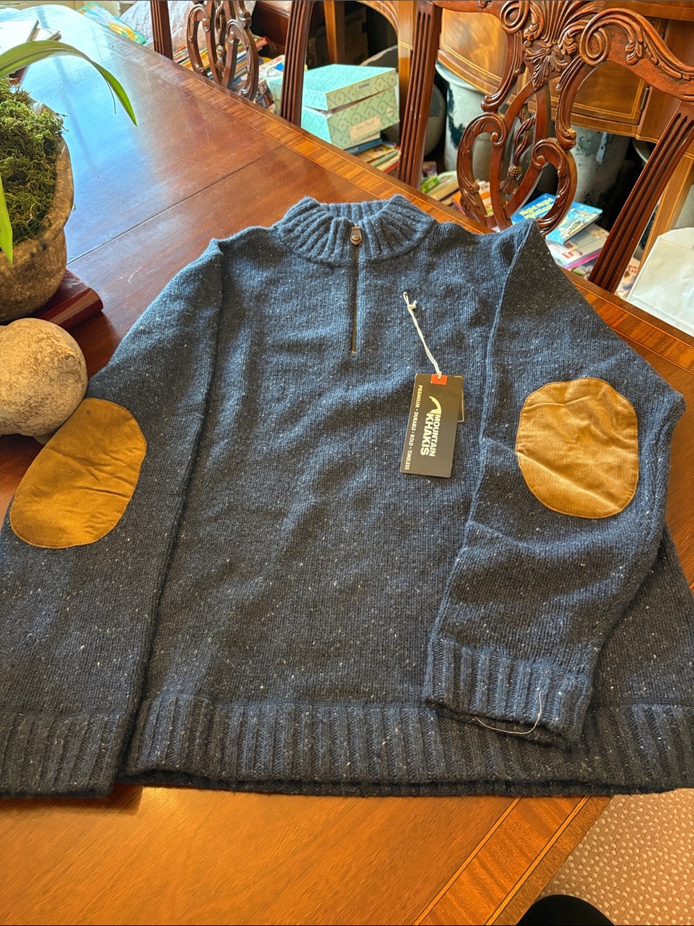 Mountain Khakis Navy Half-Zip Sweater with Brown Elbow Patches